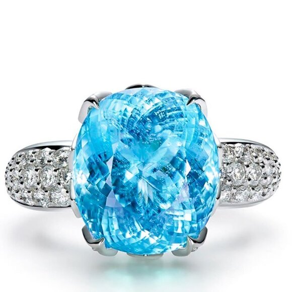 🍁 Unique Super Large Oval Lake Blue Gemstone Zircon Rings for Women, PD708 - Picture 1 of 6